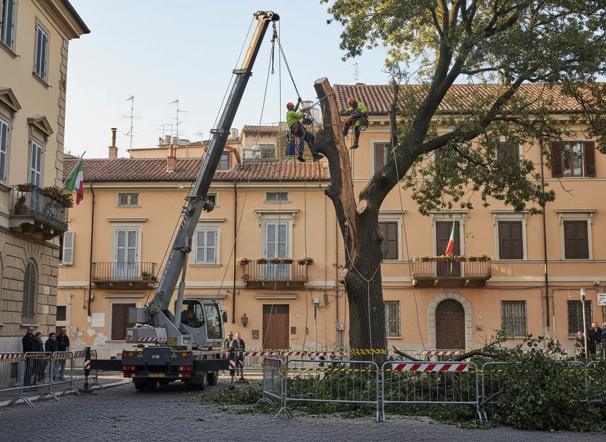 Abbattimento controllato di grande albero con gru