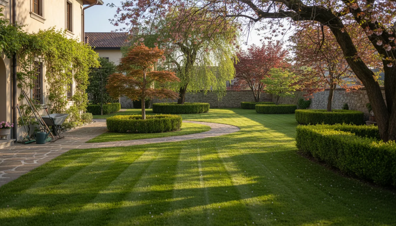 Paesaggio lombardo all'alba con giardini curati in primo piano