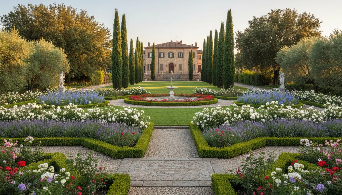Terrazzo fiorito in primavera alta con piante in vaso curate in villa lombarda