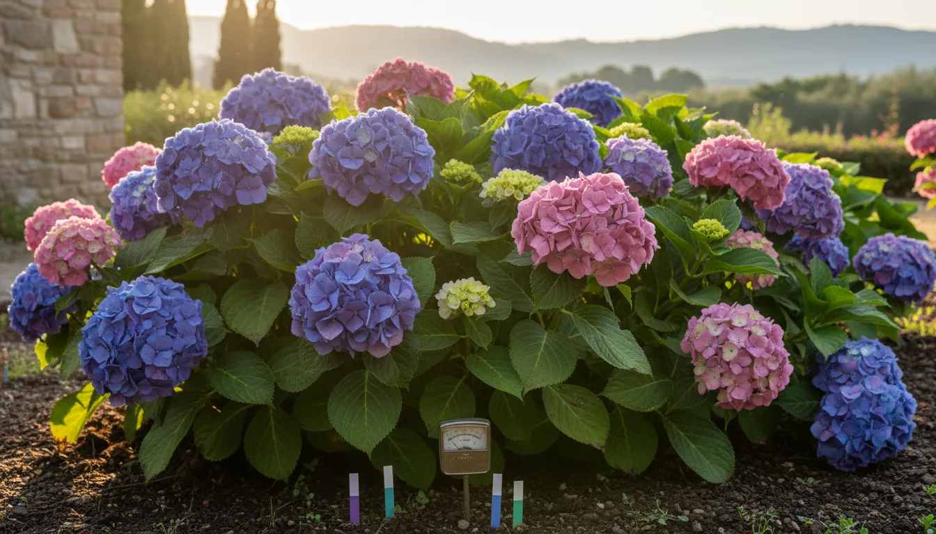 Progettazione di aiuola con ortensie fiorite in giardino di villa in Lombardia