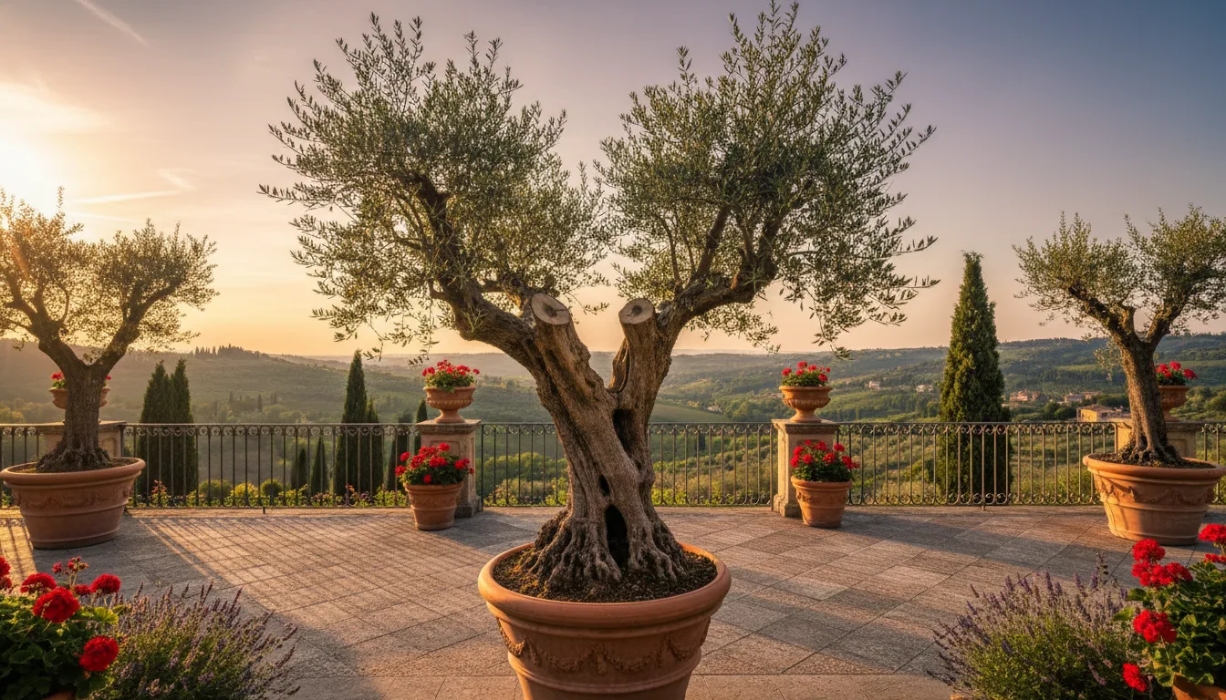 Olivo ornamentale in vaso di grande dimensione su terrazzo con portamento contenuto e chioma arieggiata