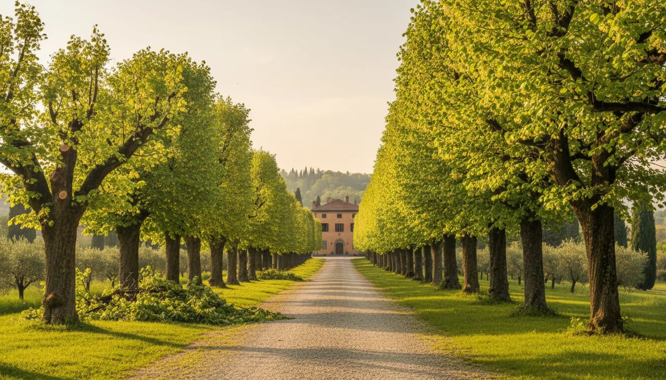 Intervento di potatura di riequilibrio su tiglio ad alto fusto con piattaforma aerea in parco urbano