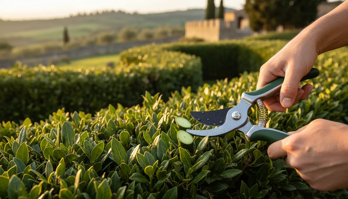Giardiniere Pentagiardini durante la potatura di una siepe di lauroceraso con cesoie professionali