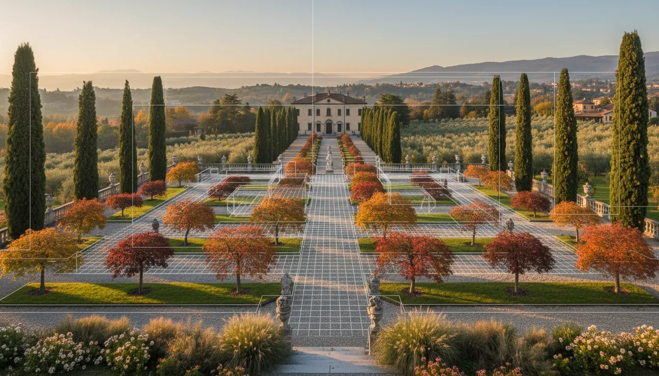 Rendering di progetto giardino con piante ornamentali e aree verdi