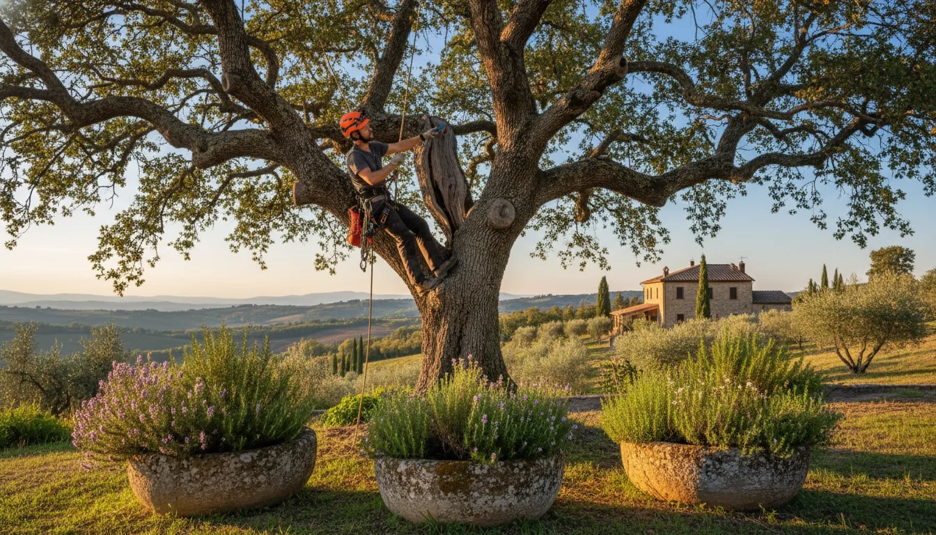 Operatore in tree climbing durante ispezione di un grande albero