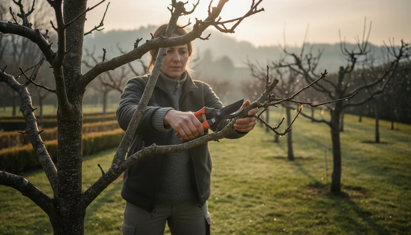 Potatura invernale di alberi ornamentali con cesoie professionali in giardino lombardo