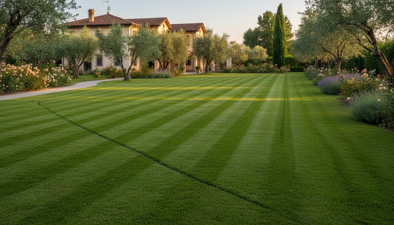 Rasatura prato con striscia netta in giardino residenziale mantenuto professionalmente