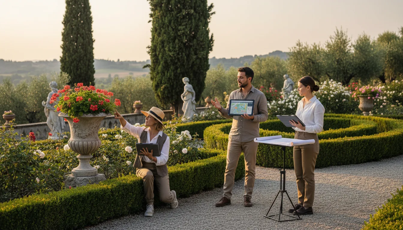 Team Pentagiardini durante un rilievo tecnico con tablet in giardino di villa