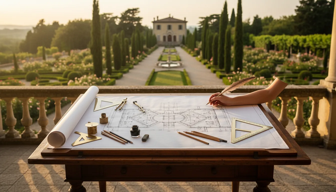 Progettazione tecnica a tavolo con plan del giardino e strumenti