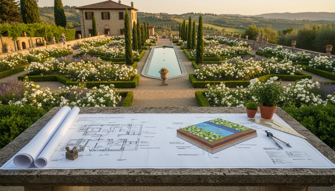 Progettazione con piano architettonico e schema di stratigrafia giardino