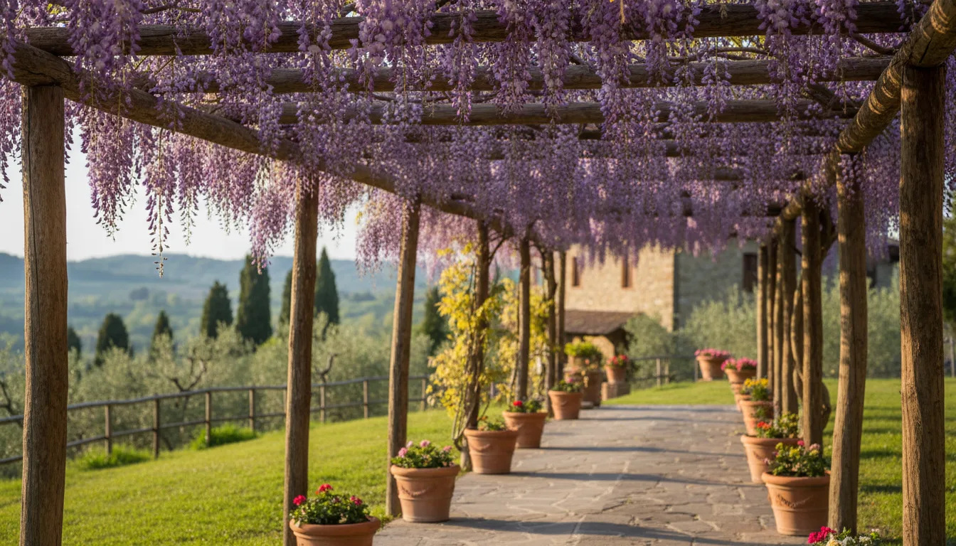 Pergolato con glicine in piena fioritura durante la primavera lombarda