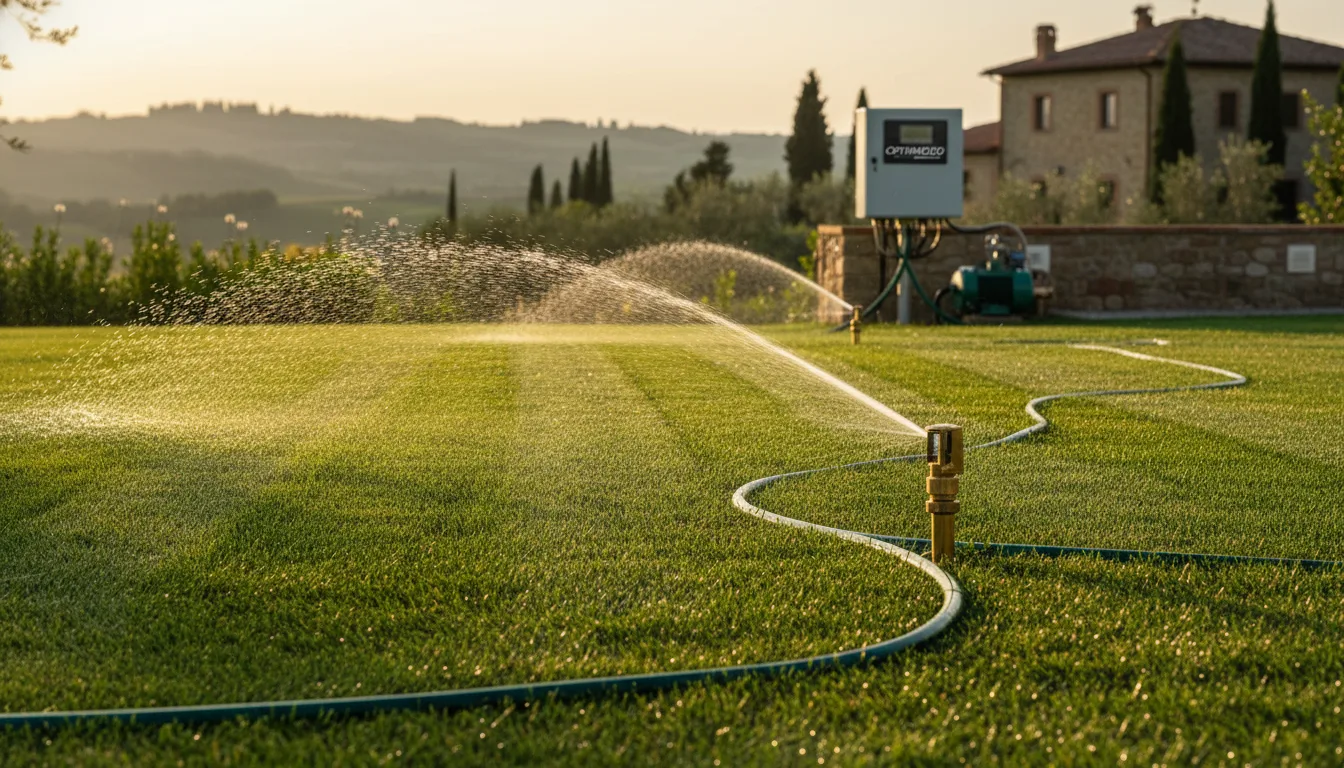 Prato rigoglioso e verde grazie a impianto di irrigazione ottimizzato con componenti di qualità
