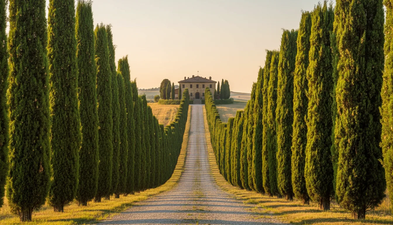 Cipressi colonnari in formazione geometrica ben ordinata lungo viale d'ingresso di villa