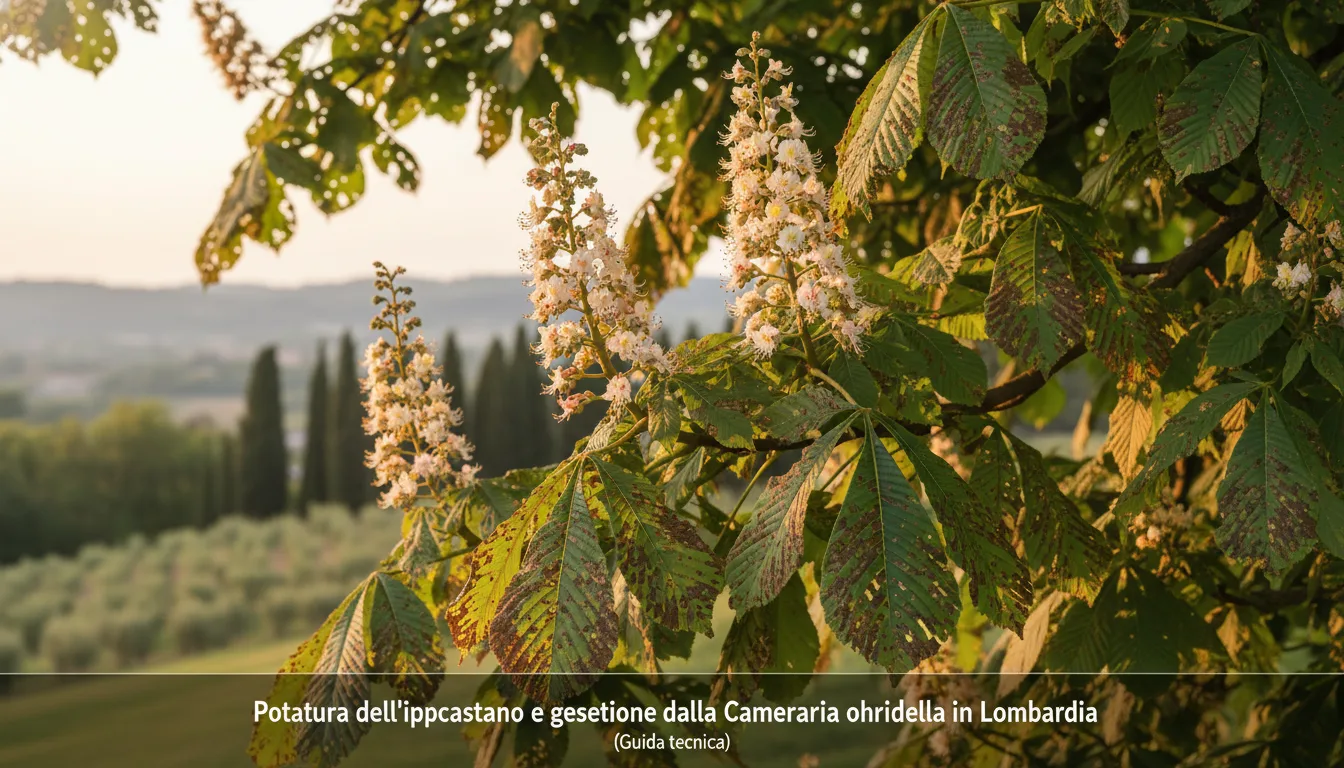 Foglie di ippocastano con mine fogliari caratteristiche di Cameraria ohridella in estate