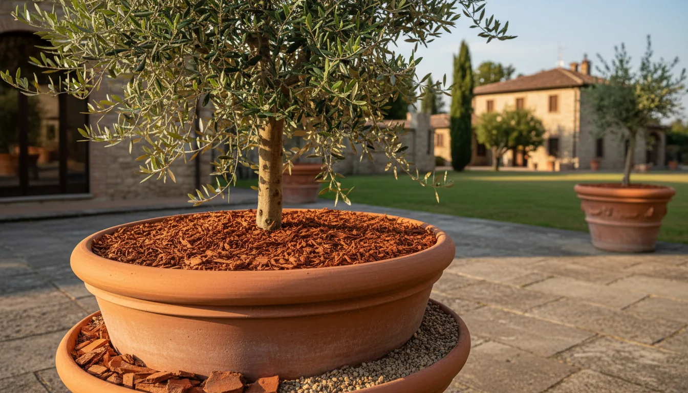 Vaso di grandi dimensioni con pianta ornamentale impostata correttamente con drenaggio e pacciamatura