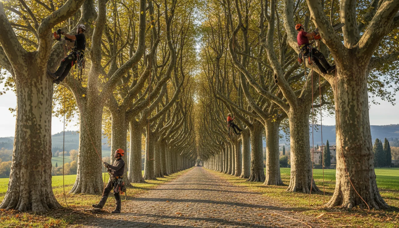 Squadra al lavoro in quota su platano lungo viale alberato, attrezzatura di tree climbing