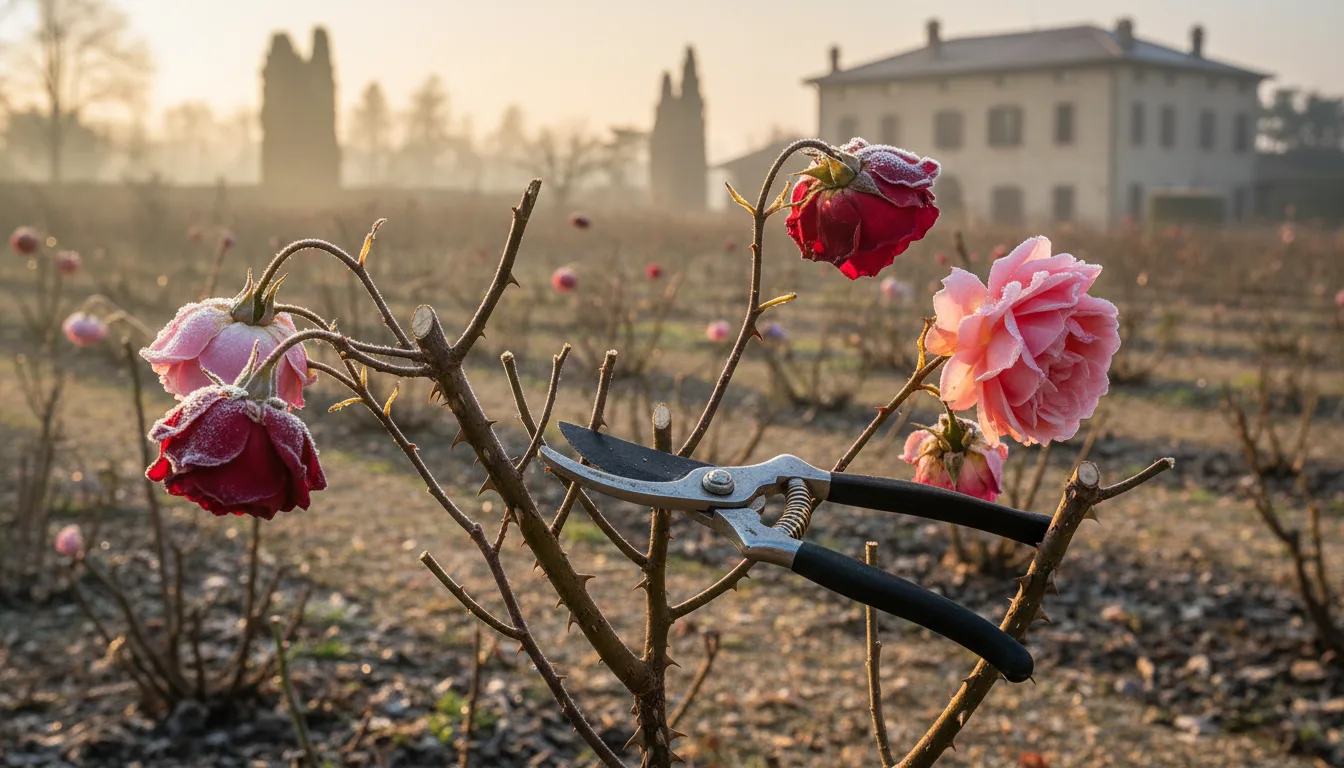 Potatura di rose cespugliose in piena fase invernale, tagli obliqui sopra la gemma esterna