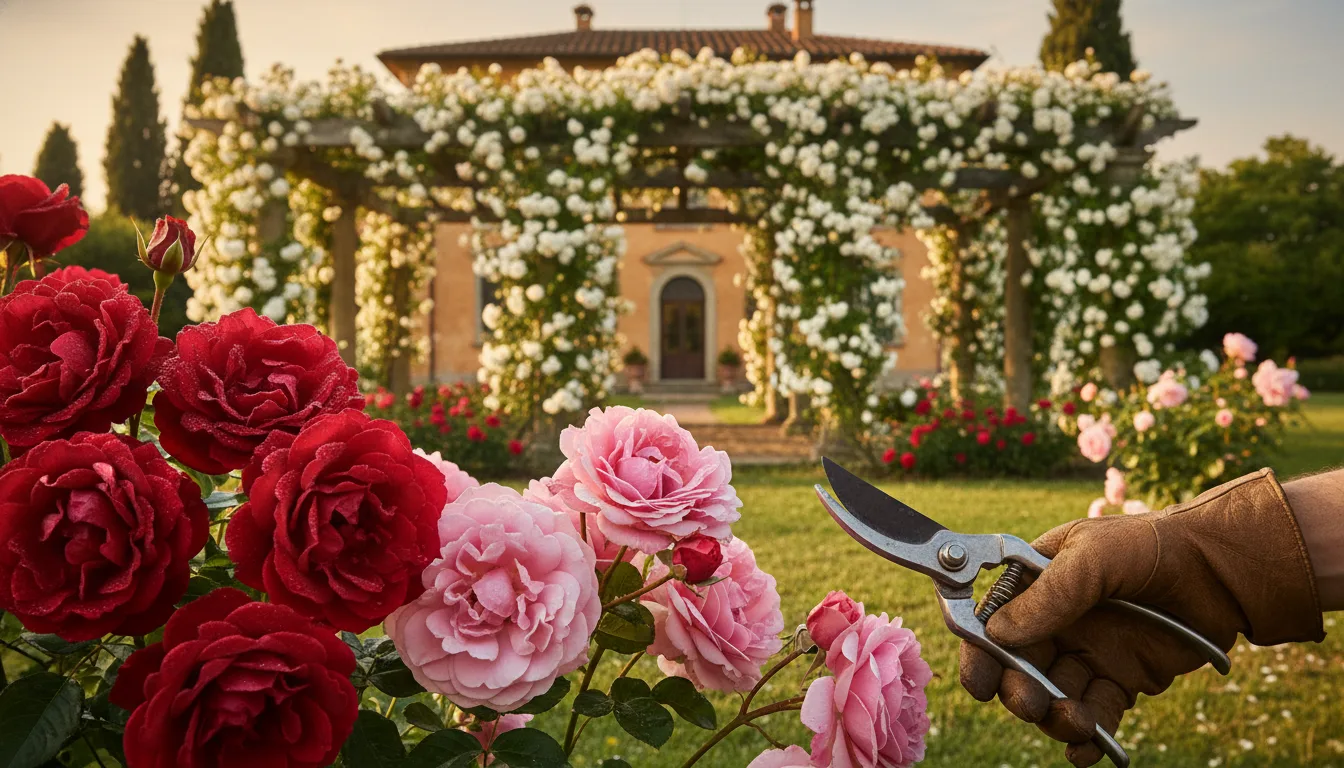 Pergola con rose bianche in piena fioritura, arco romantico di villa