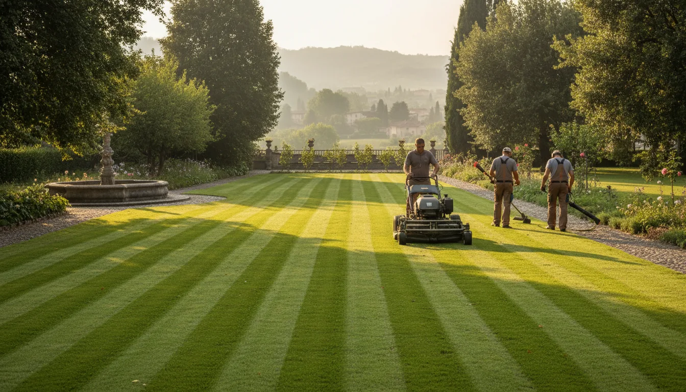 Manutenzione professionale di prato con rasaerba e squadra in giardino