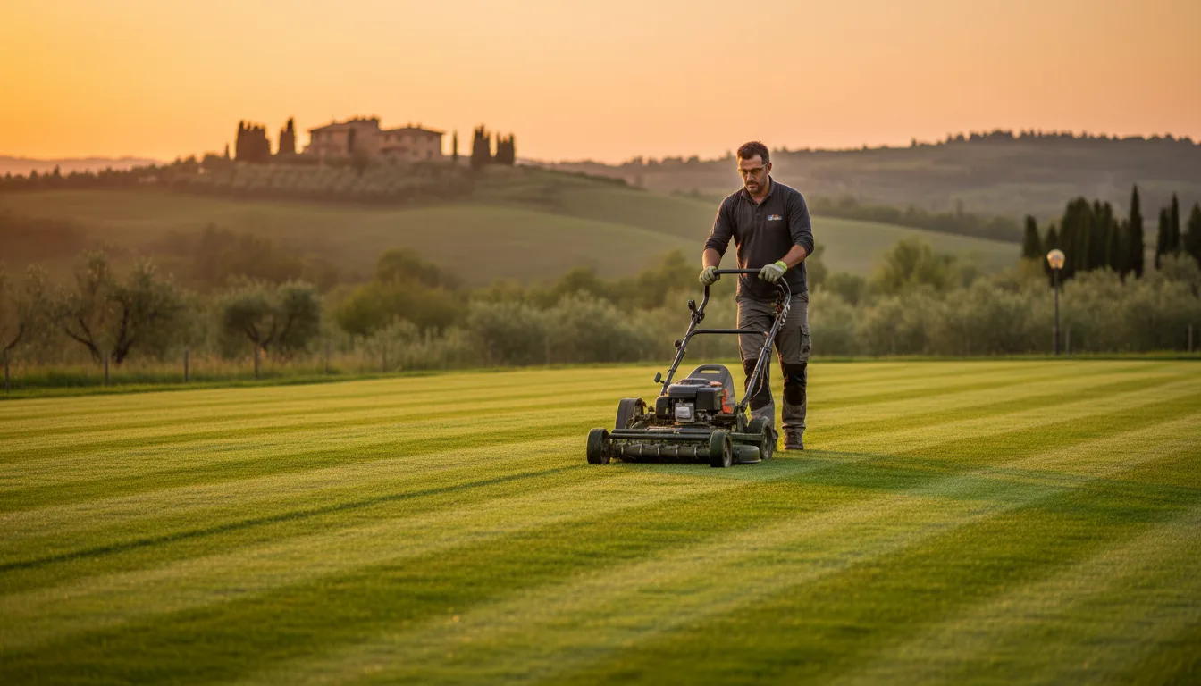 Manutenzione professionale prato con rasaerba a altezza corretta per tappeto erboso sano