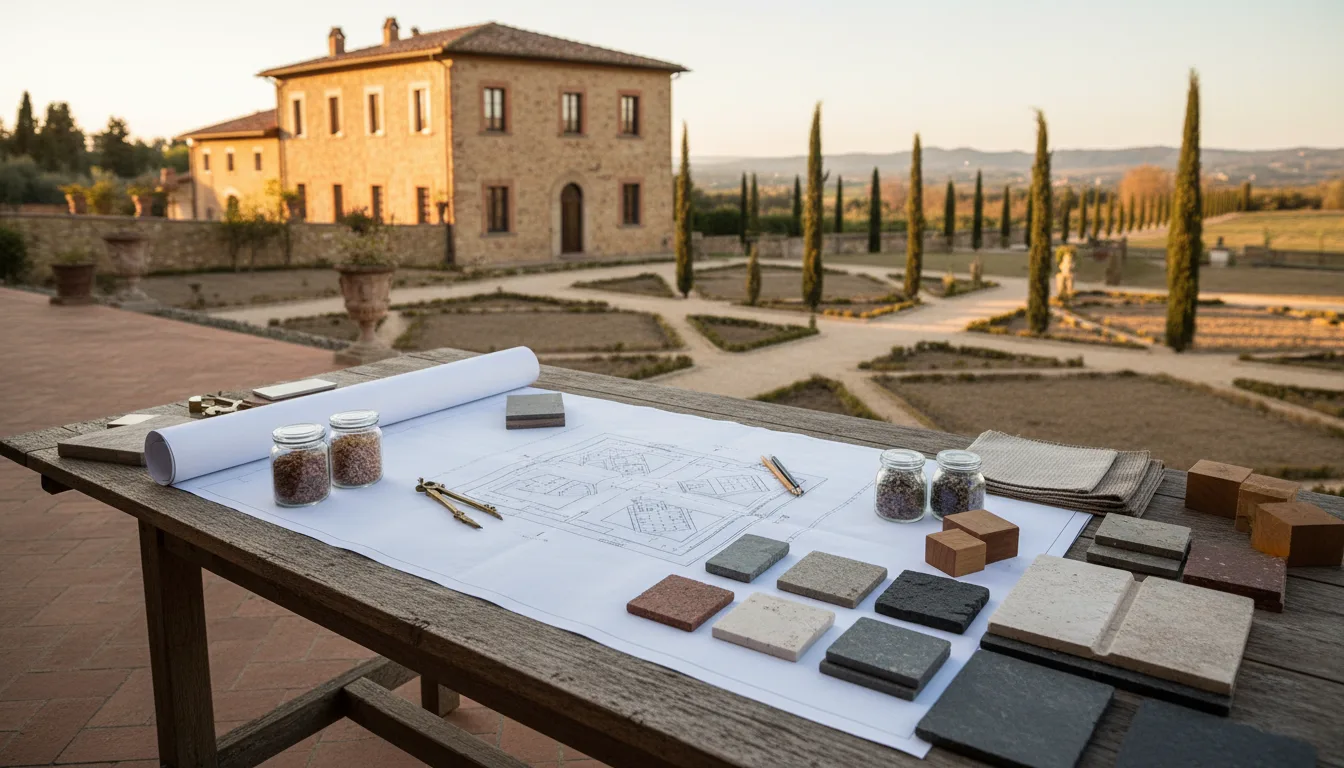 Tavolo di progettazione con planimetria e scelta materiali per un nuovo giardino