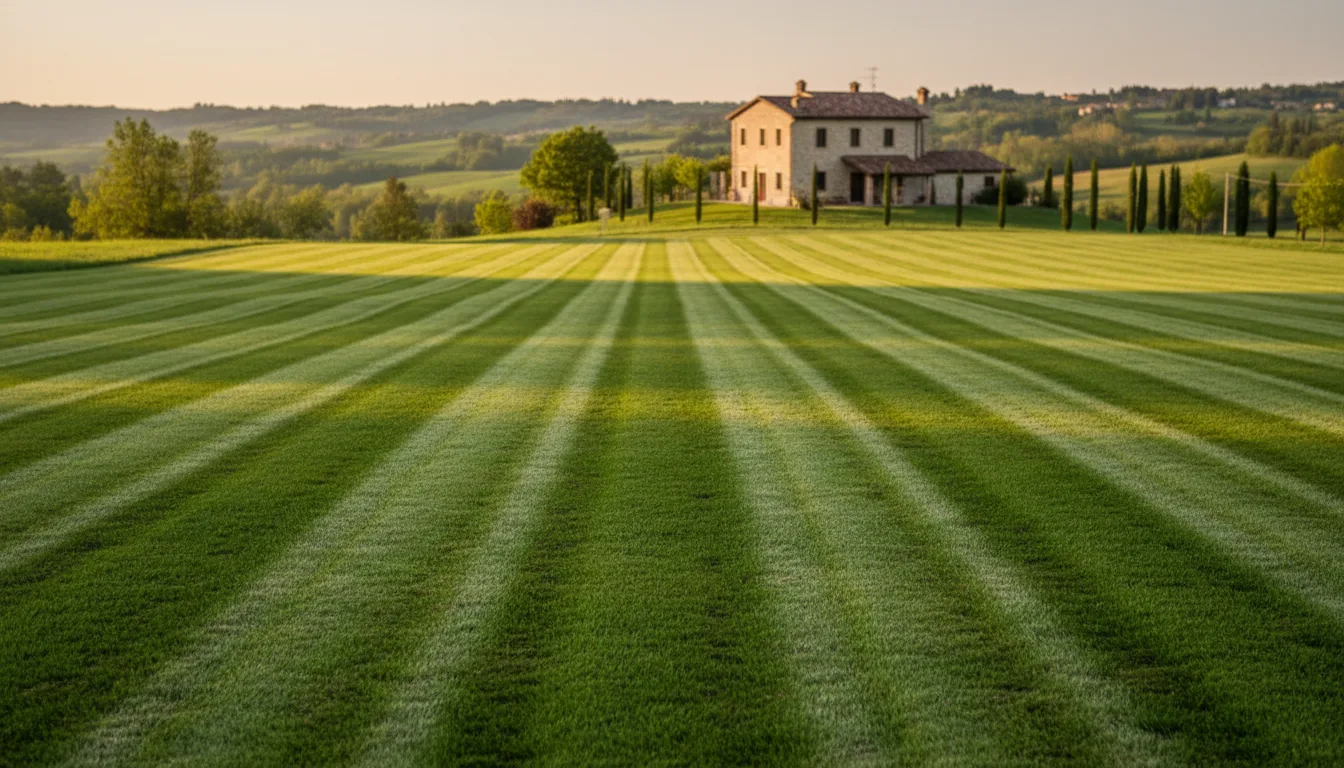 Rasatura di un prato curato con disegno a strisce regolari