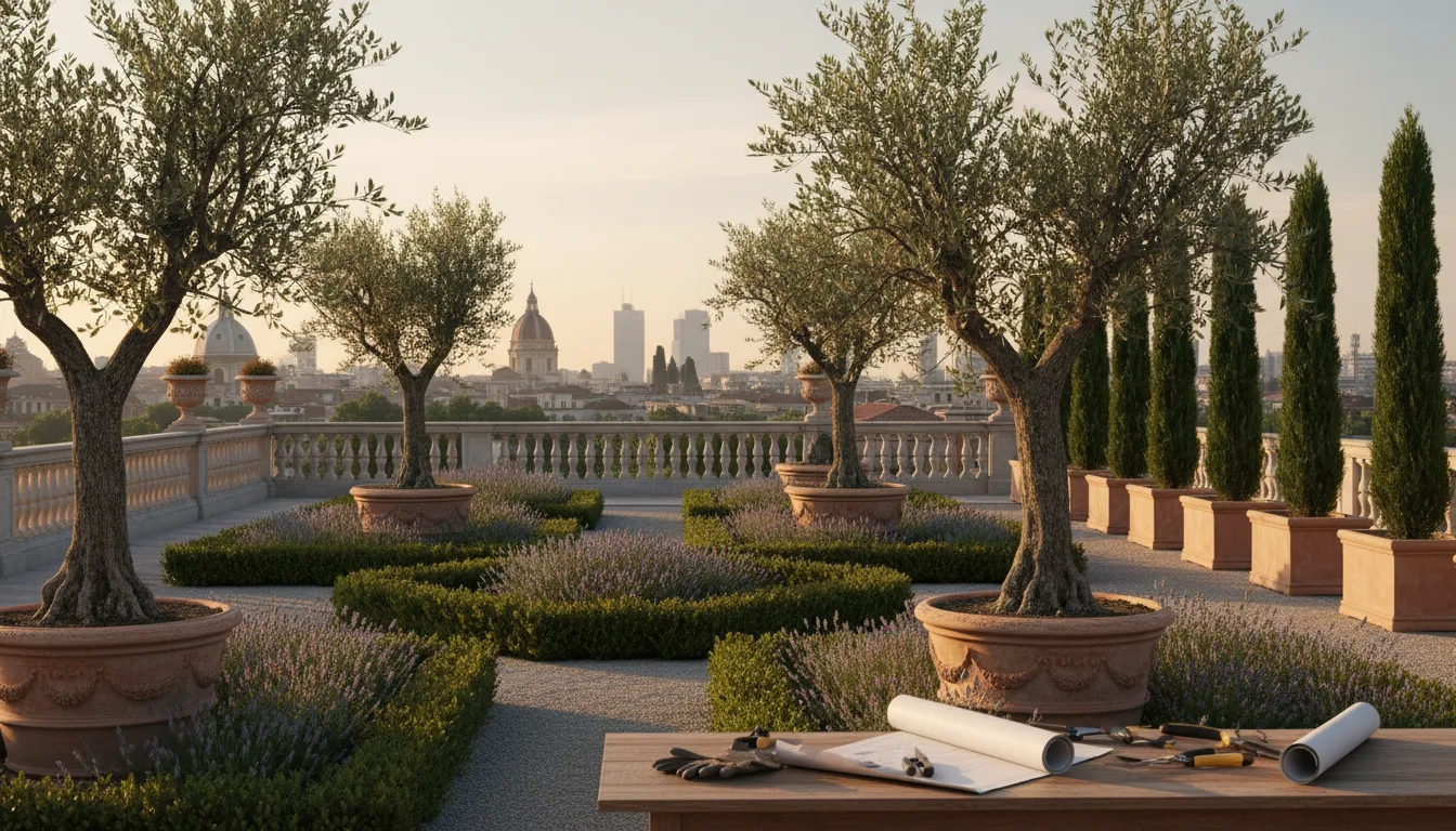 Progetto di giardino pensile con alberi in vaso