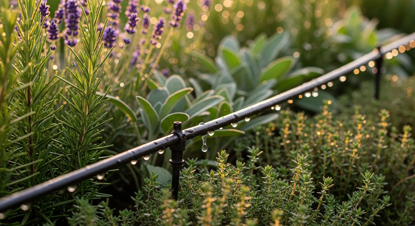Linea a goccia tra piante aromatiche in giardino