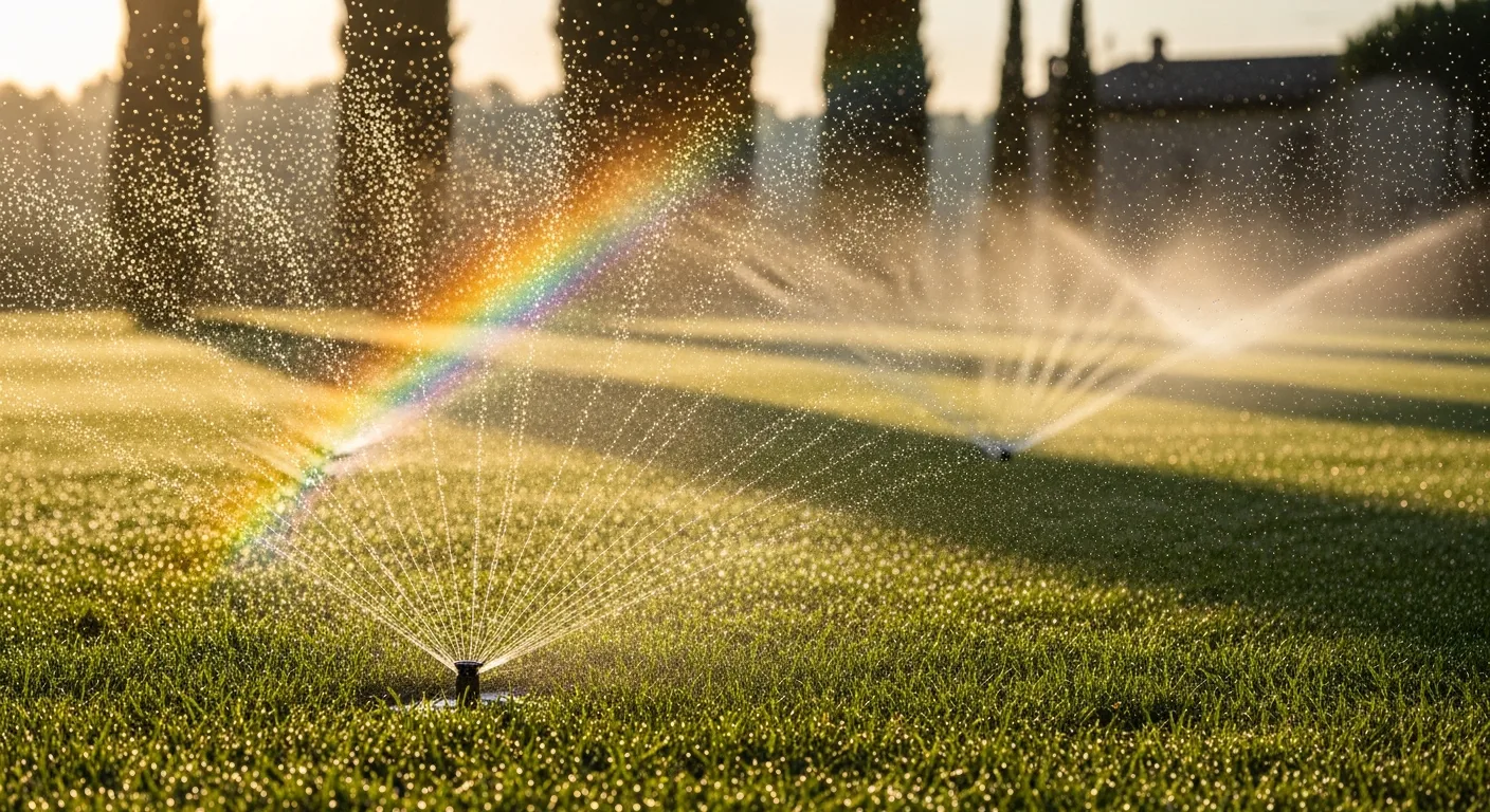 Irrigatori pop-up in funzione all alba su prato verde