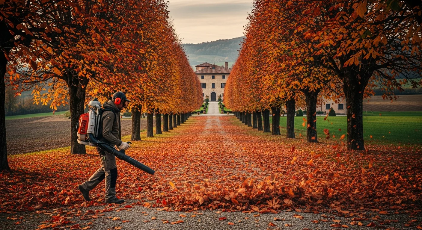 Pulizia autunnale di viale di castagni con soffiatore