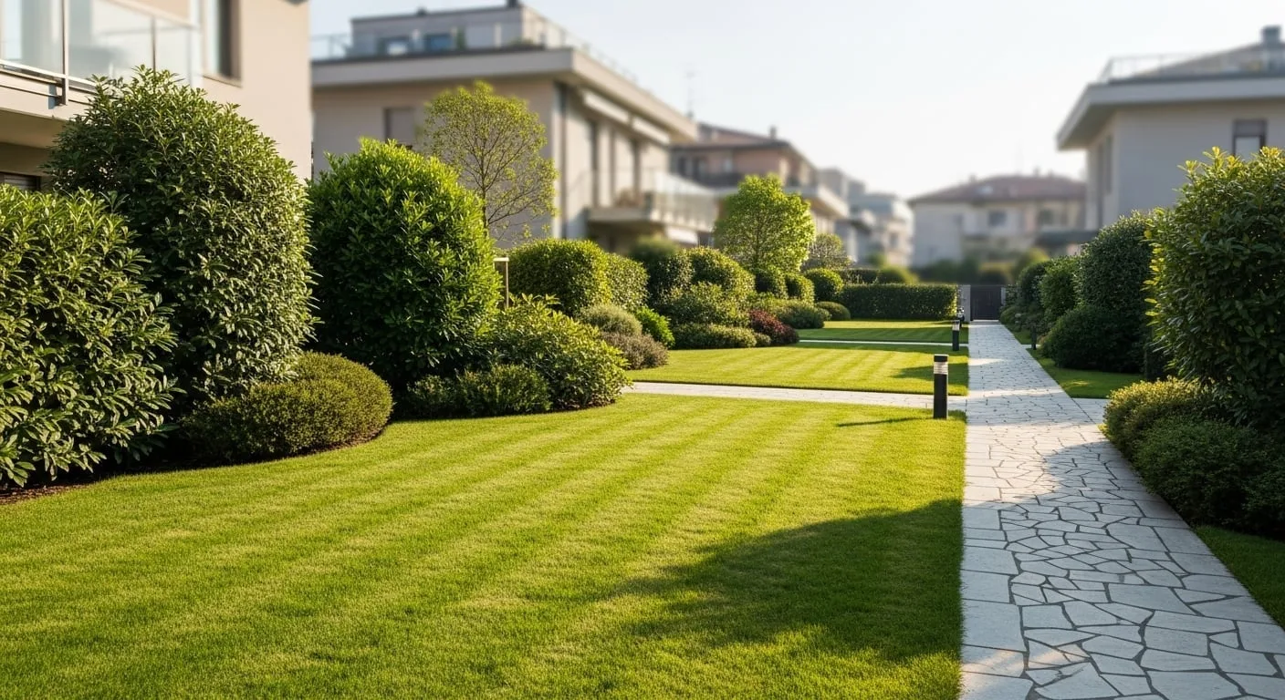 Area verde condominiale ben curata con prato, cespugli ornamentali e sentiero in pietra