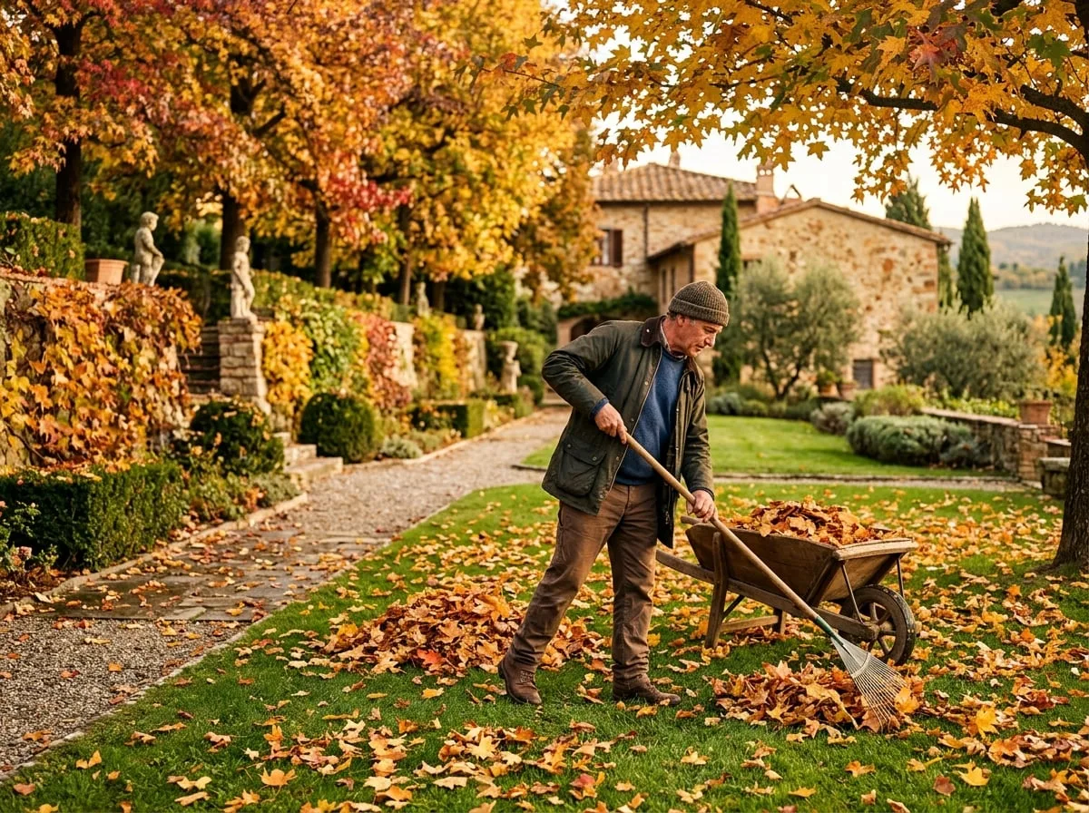 Manutenzione autunnale del giardino con raccolta foglie