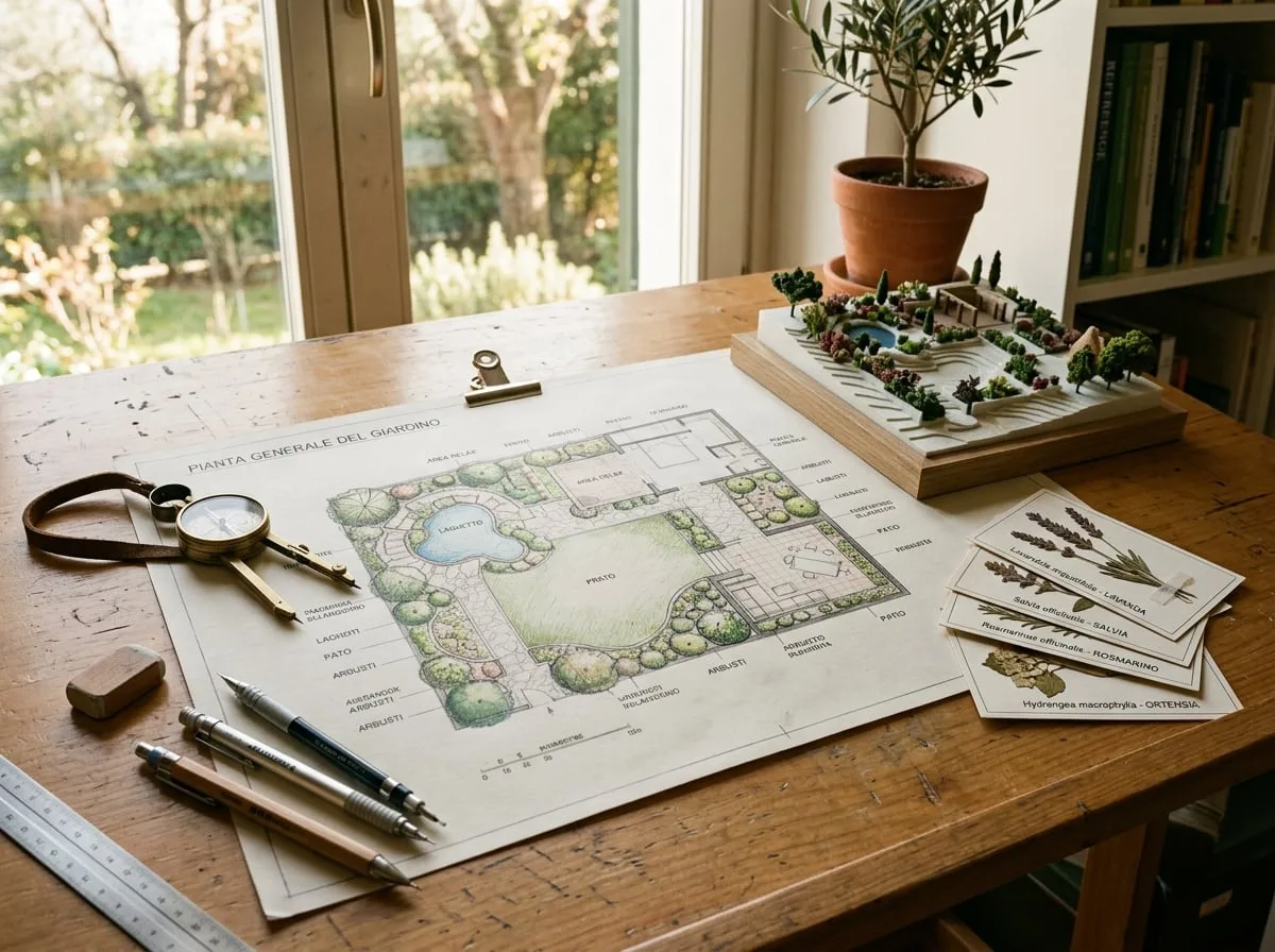 Rendering 3D di progetto di giardino con palette botanica