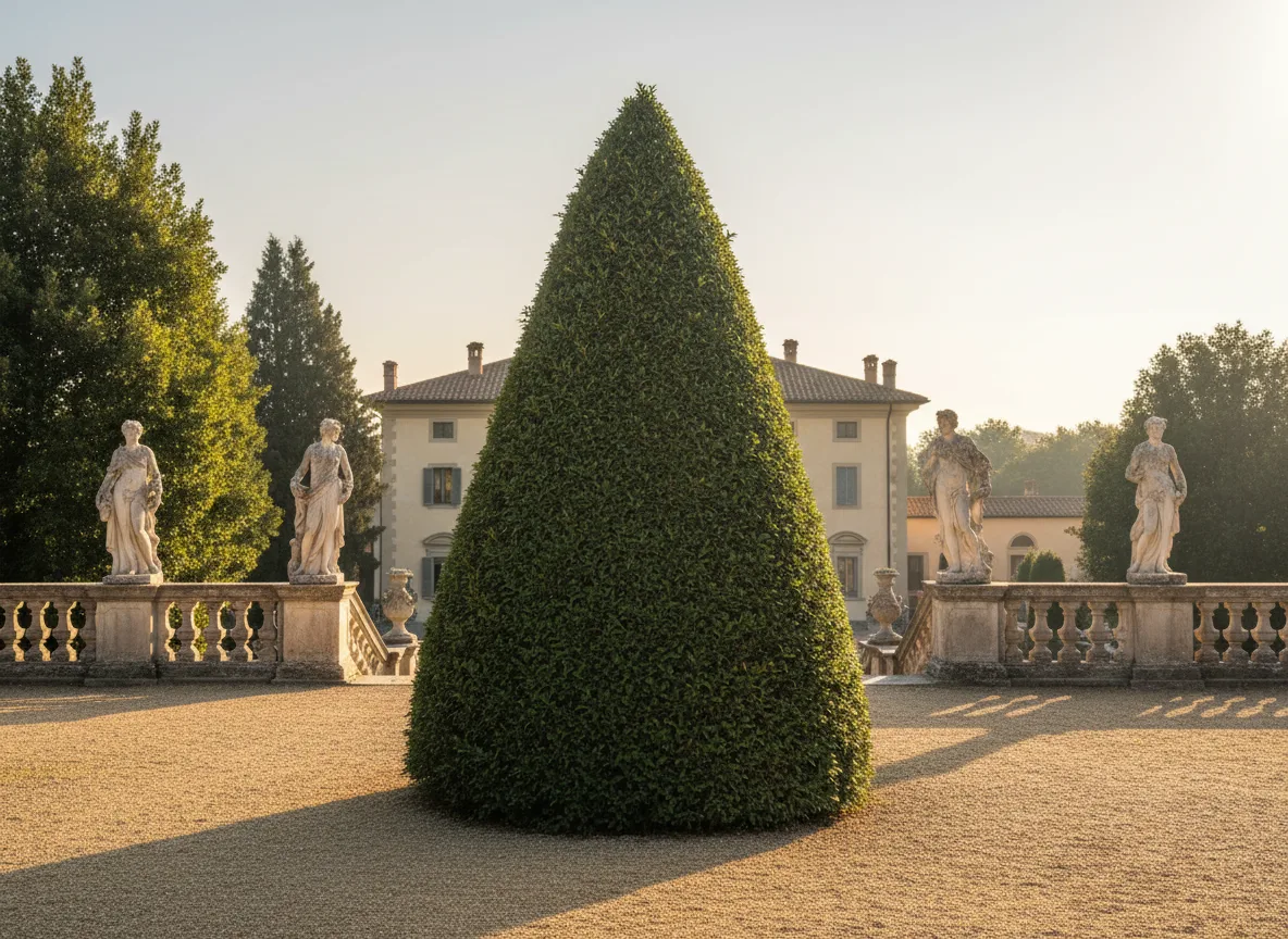 Topiaria di tasso a forma conica in giardino formale