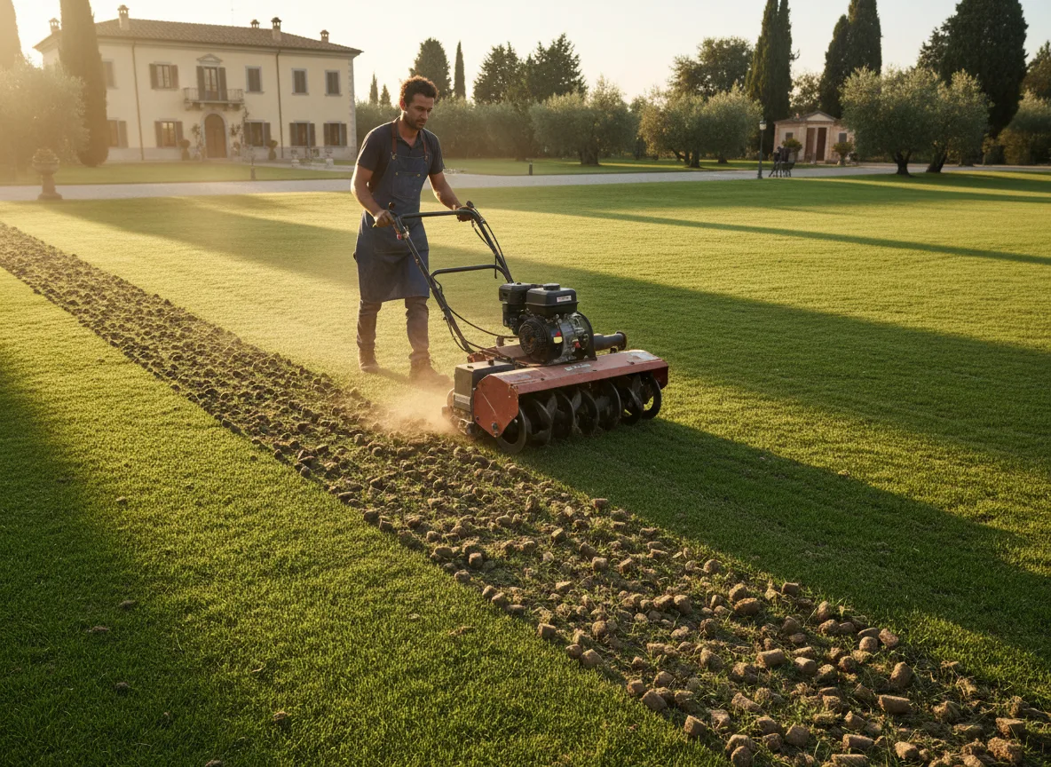 Arieggiatura del prato con macchina professionale